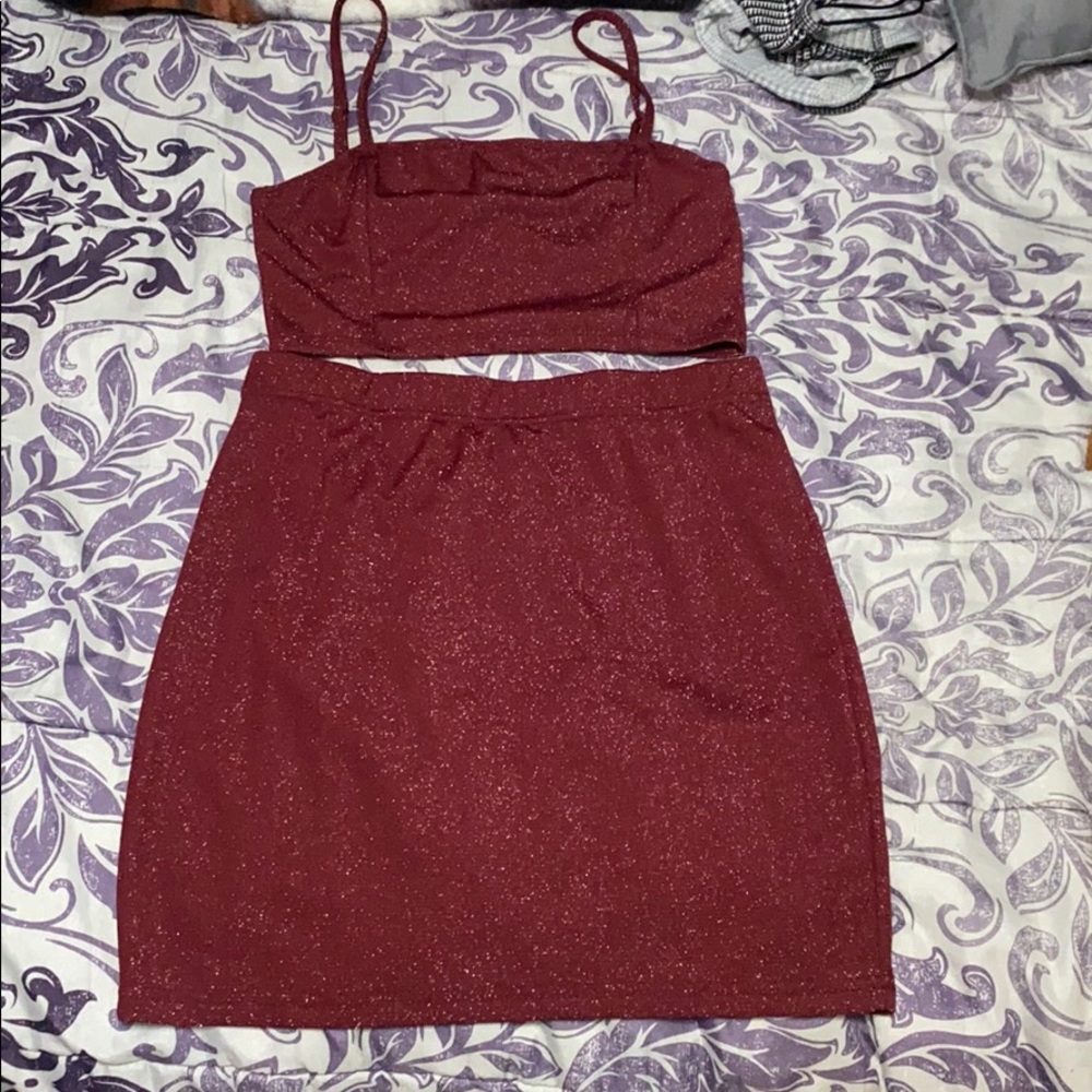 2 piece red/burgundy crop and skirt